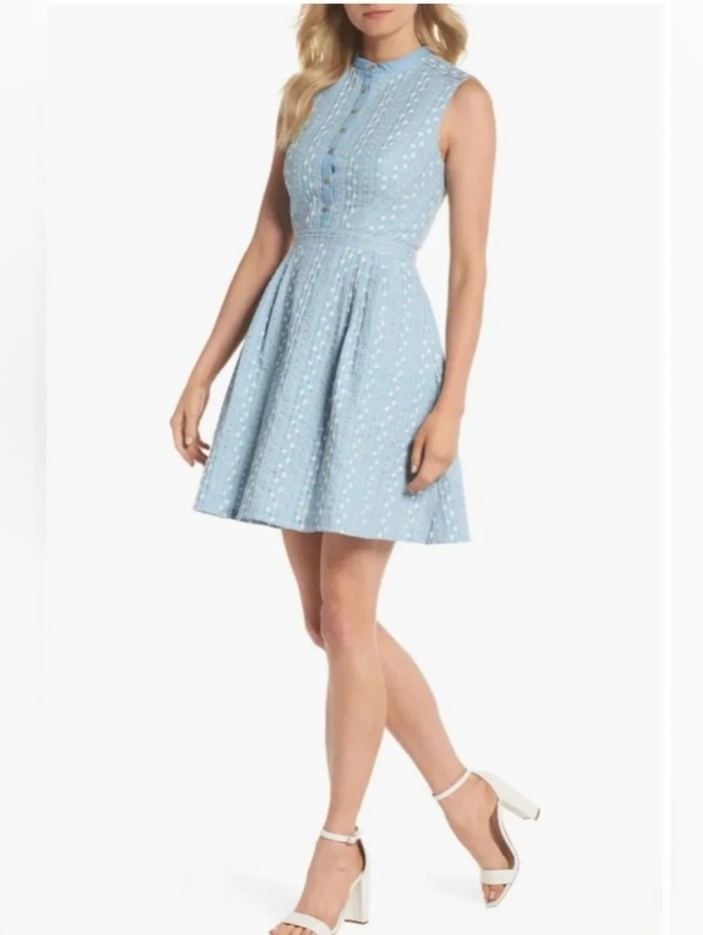 Gal Meets Glam Quinn Dress Blue Chambray Eyelet Fit & Flare Mini Size 6